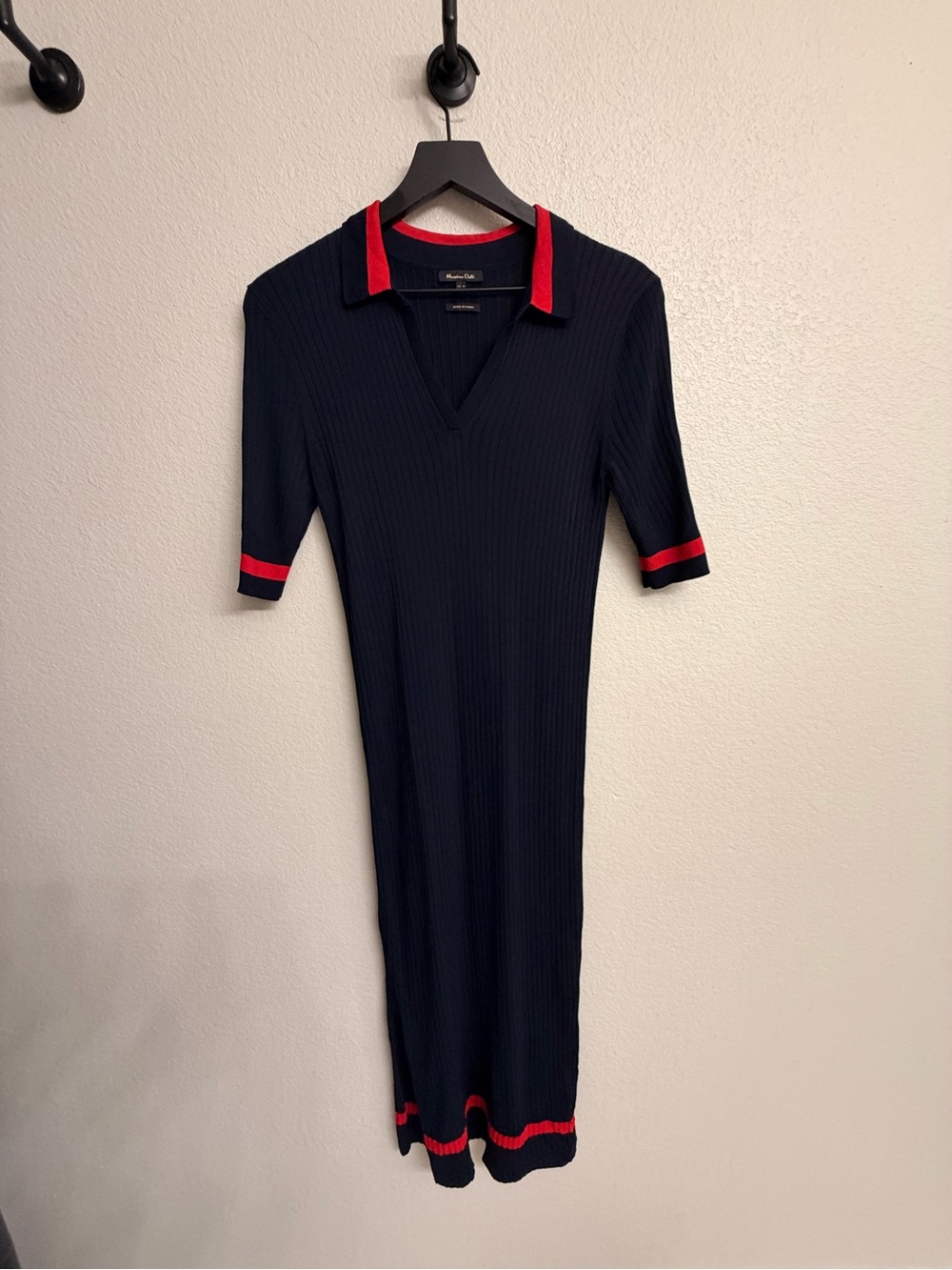 Massimo Dutti Navy Midi Ribbed Polo Dress Red Trim | Size M | excellent